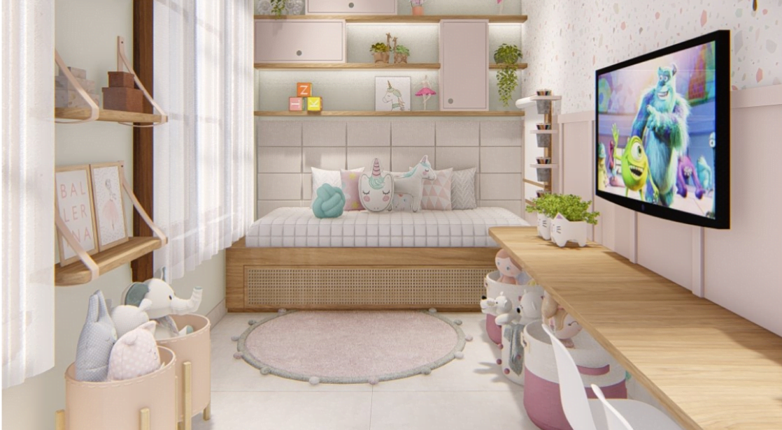 Projeto em 3D de um quarto infantil / brinquedoteca realizado pela Zanardino Arquitetura e Interiores